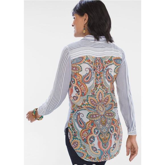 Chico's chicos size 2 Striped Medallion Tunic 12 14 Mixed Embroidered Large - Picture 2 of 16